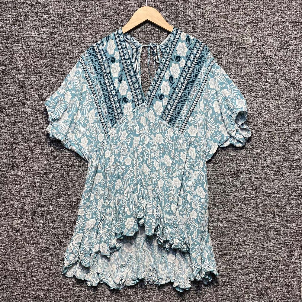Aakaa Floral Boho Mini Dress Womens Medium Blue Ruffle Coastal Festival Flowy